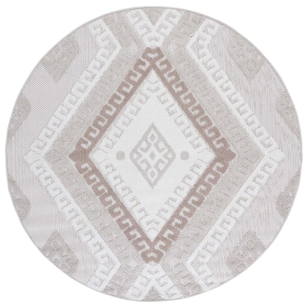 Global Gray/Ivory Taupe 7 ft. x 7 ft. Diamond Geometric High-Low Indoor/Outdoor Round Area Rug