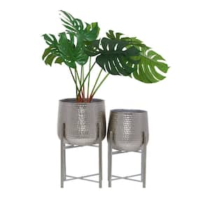 19 in., and 16 in. Medium Silver Metal Planter with Removable Stand (2- Pack)
