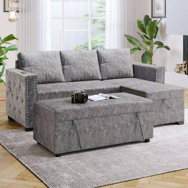 ANBAZAR 51.75 in. W Square Arm Polyester 2-Piece L-Shape Pull Out Sleeper  Sectional Sofa Bed with Chaise USB Charging in Gray 02493ANNA-E - The Home  Depot