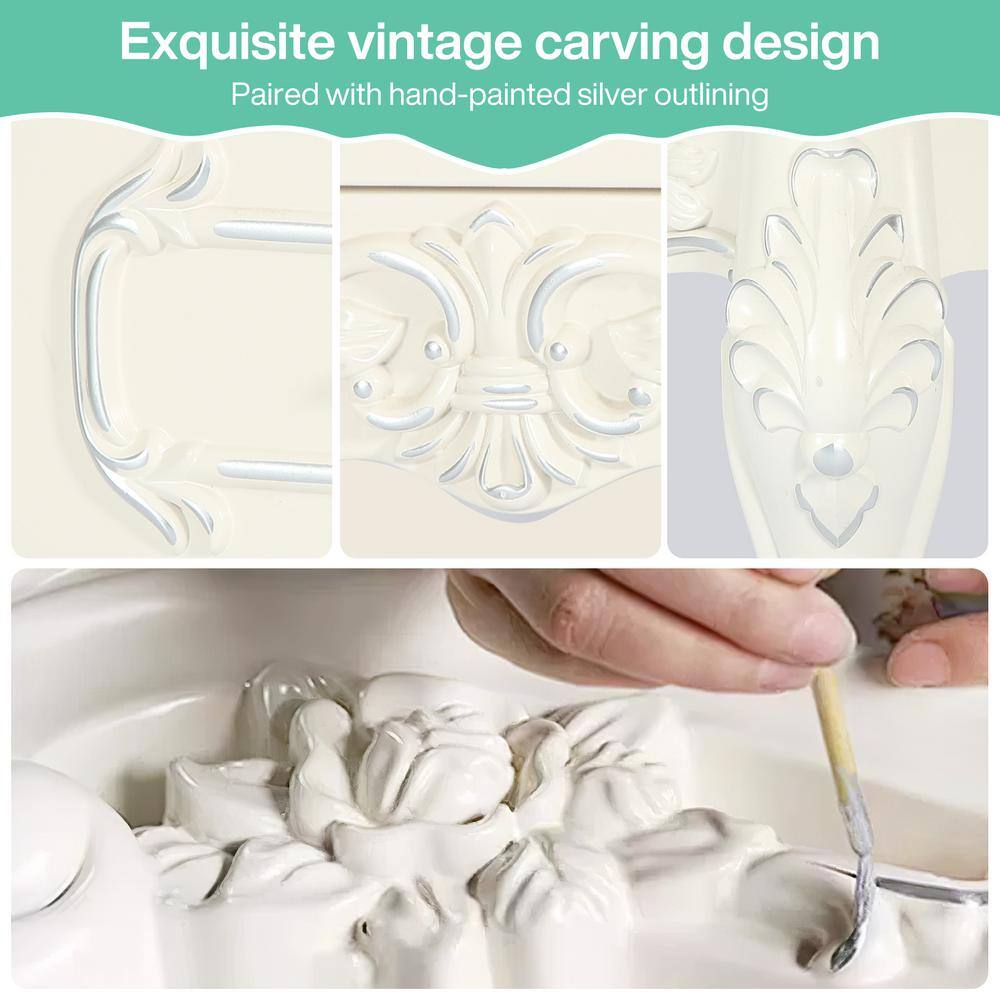 Cream White Carved Wood Nightstand with Silver Accents and 2 Drawers