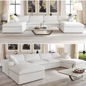 161 in. Flared Arm 1-Piece Linen U-Shaped Sectional Sofa in White
