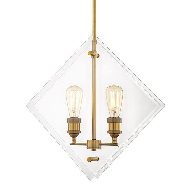 Home Decorators Collection 20 in. 2-Light Aged Brass Pendant Beveled Glass Panels Vintage Bulbs Included