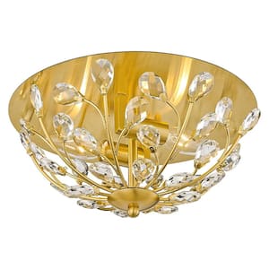 11.75 in. 2-Light Gold Flush Mount Ceiling Light with K9 Crystal Shade