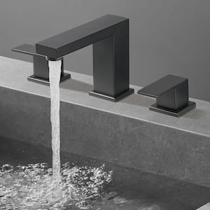 Minimalist 8 in. Widespread Double Handle Low Arc Bathroom Faucet with Drain kit Included in Matte Black(1-Pack)