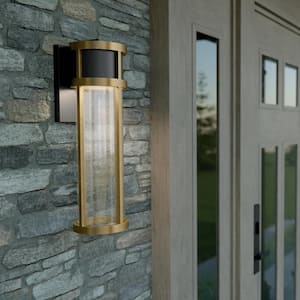 Camillo 15.75 in. 1-Light Textured Black and Brass Modern Outdoor Hardwired Wall Lantern Sconce with Integrated LED