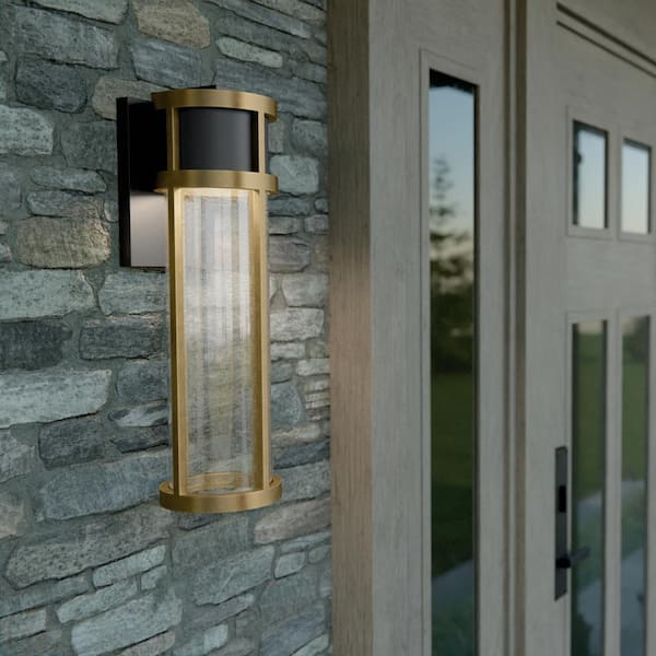 Camillo 15.75 in. 1-Light Textured Black and Brass Modern Outdoor Hardwired Wall Lantern Sconce with Integrated LED