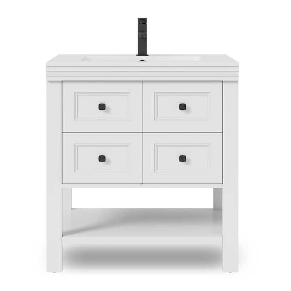 30 in. W x 17.7 in. D x 34 in. H 1-Sink Freestanding Bath Vanity in White with White Ceramic Top and Drain Faucet Set