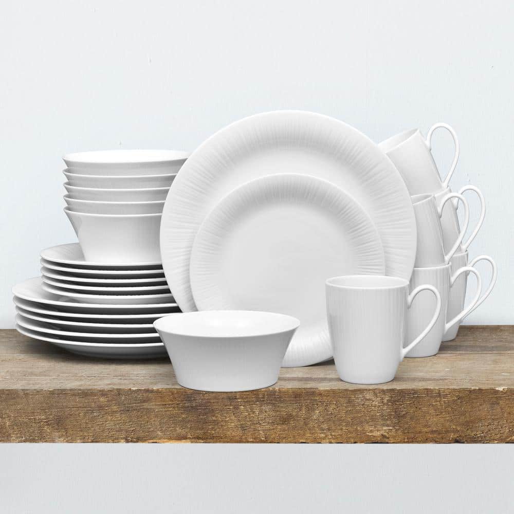 White Porcelain Embossed 24-Piece Dinnerware Set, Service for 6