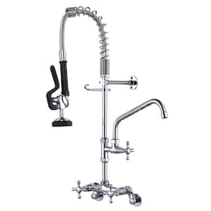 26 in. H Solid Brass Triple Handle Pull Down Sprayer Kitchen Faucet Wall Mount with Pre-Rinse Sprayer in Chrome