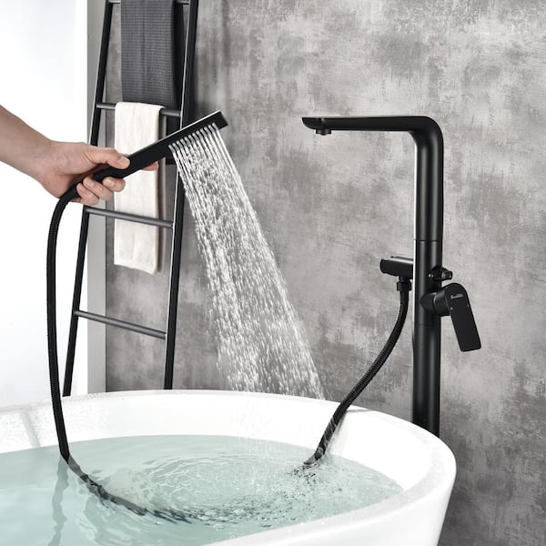 UKISHIRO Single-Handle Solid Brass Floor Mount Free Standing Bathroom Tub Faucet with Handheld Shower in Matte Black