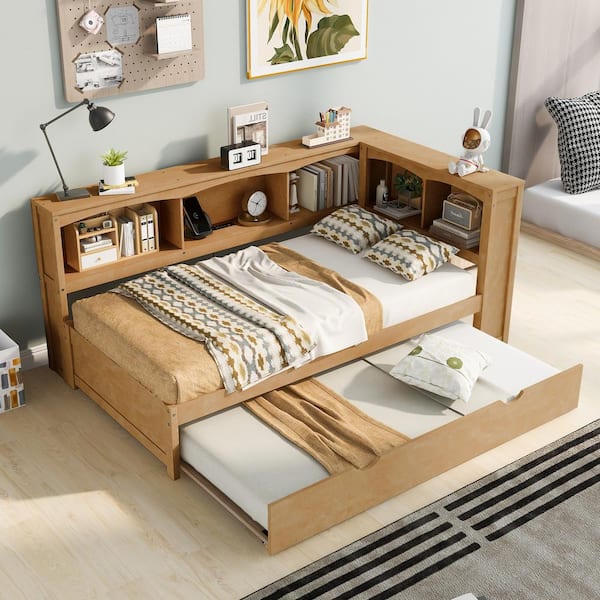 Wood Color Twin Size Daybed with Trundle Shelves and USB Ports