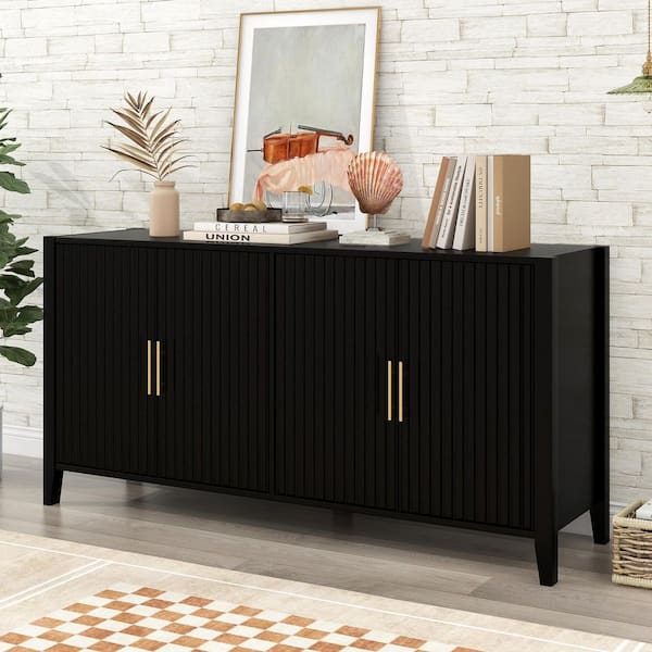Black 61.1 in. W. Wood Buffet Sideboard, Accent Storage Cabinet with Golden Metal Handles