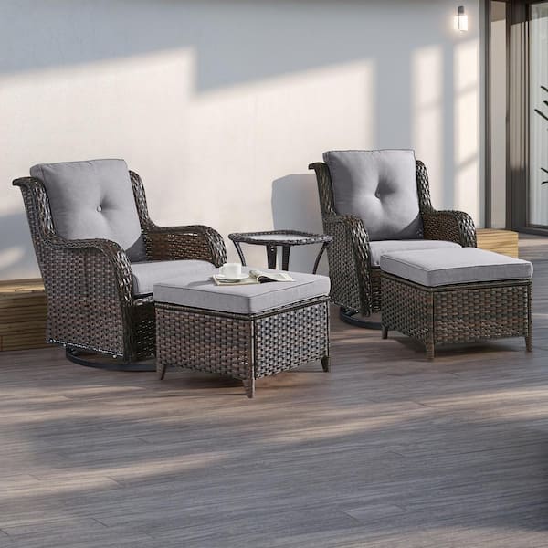 moosprr 5-Piece Brown Wicker Patio Conversation Set with Gray Cushions and Swivel Glider Chairs/Ottomans/Side Table