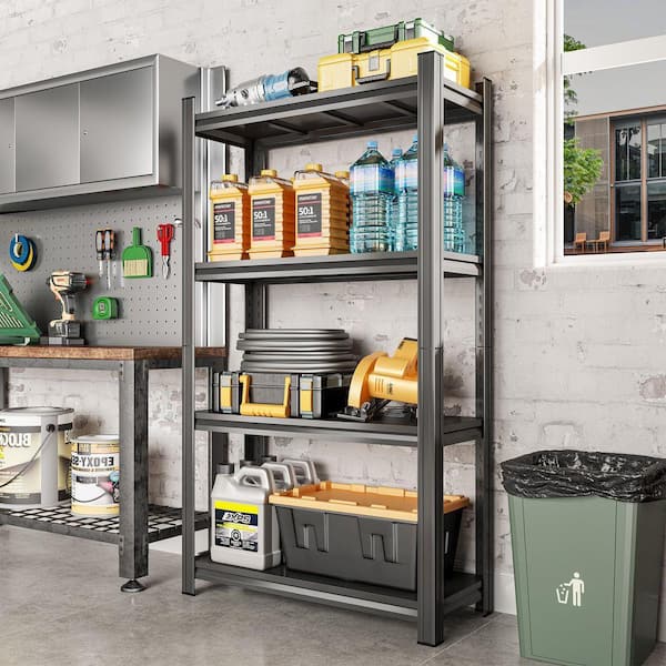 4-Tier Adjustable Metal Storage Shelf For Garage, Shed, Supermarket, Living Room, Multi-Purpose Storage Shelf in Black