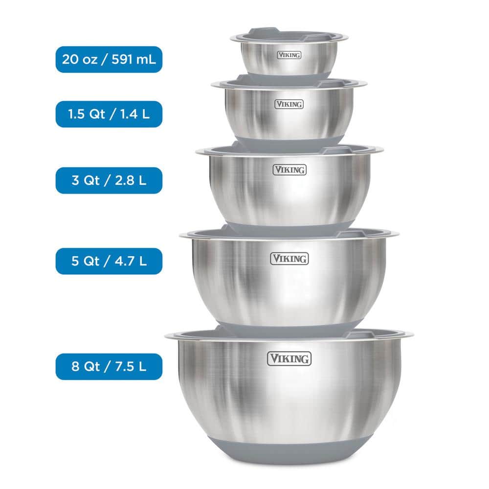 Viking 10-Piece Stainless Steel Mixing Bowl Set with Gray Lids