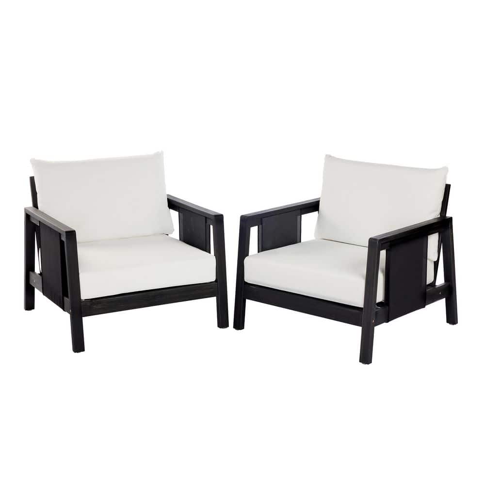 Kenway Dark Gray+Black Acacia Wood Outdoor Patio Lounge Chair with White Cushions, Set of 2