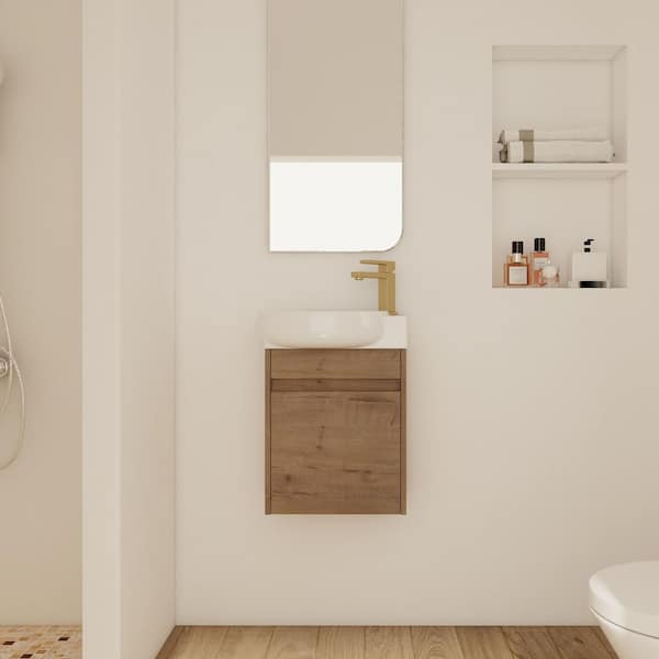 16.75 in. W x 8.56 in. D x 21.25 in. H Floating Wall-Mounted Bath Vanity in Light Teak with White Resin Top