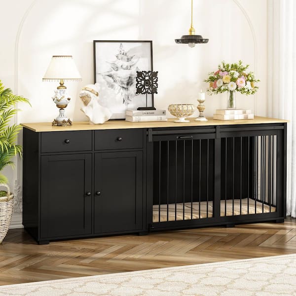 FUFU&GAGA Large Dog House Furniture Dog Crate Storage Cabinet, Dog Cage with 2-Drawers and Sliding Door for Large Dogs, Black
