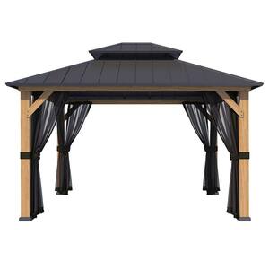 11 ft. x 13 ft. Cedar Wooden Frame Pavilion Gazebo with Black Hard Top Double Top, Ceiling Hook, Mosquito Netting