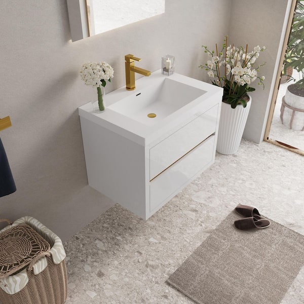30 in. Single Sink Floating Wall-Mounted White Bath Vanity with Glossy White Stone Top Pre-assembled