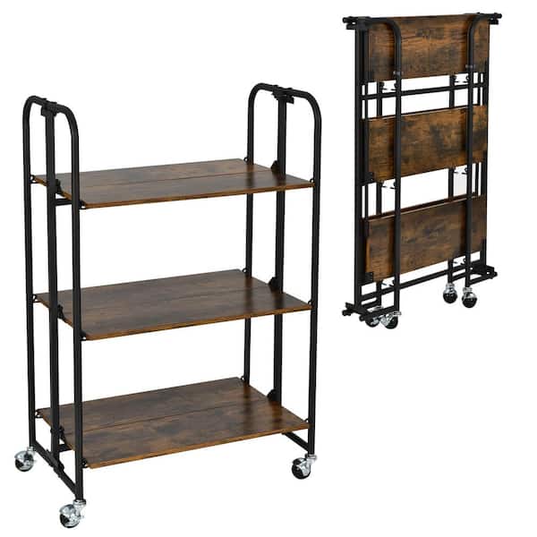 Bunpeony Brown Foldable 3-Tier Kitchen Cart Baker Rack Storage Shelves with Wheels
