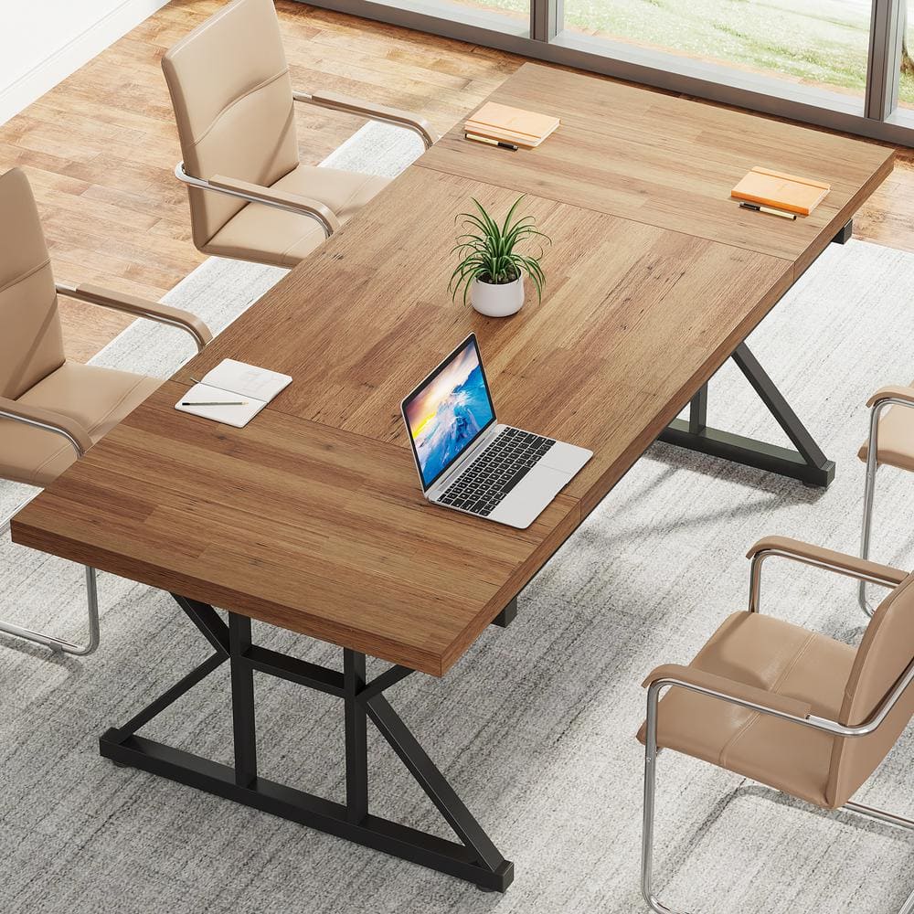 Capen 70.8 in. Rectangular Light Brown and Black Engineered Wood Executive Desk Computer Desk for Home Office - Thumbnail 4