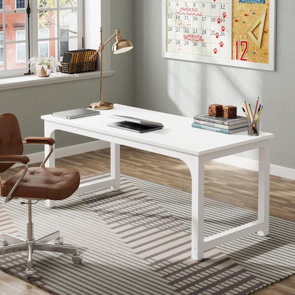 Capen 63 in. Rectangular White Particle Board Executive Desk with Large Desktop and Thicken Frame Modern for Home Office