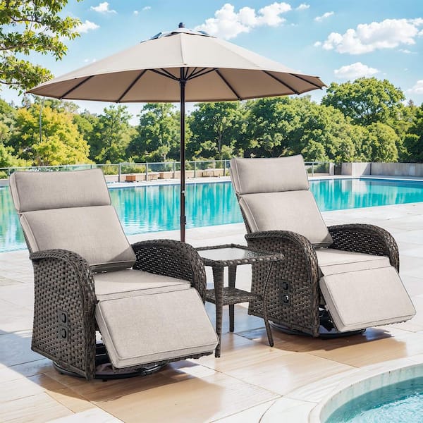 Rotavia Reclining 3-Piece Wicker Outdoor 360° Swivel Recliner, Adjustable Backrest with Beige Cushions, Side Table