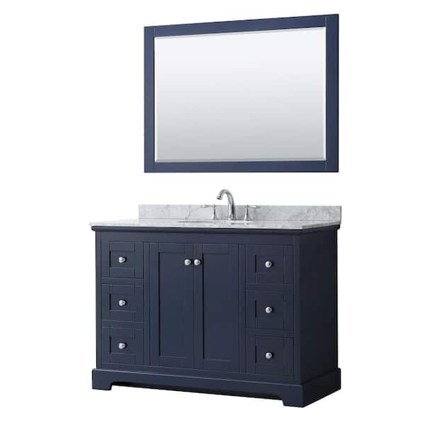 Wyndham Collection Avery 48 in. W x 22 in. D x 35 in. H Single Bath Vanity in Dark Blue with White Carrara Marble Top and 46 in. Mirror