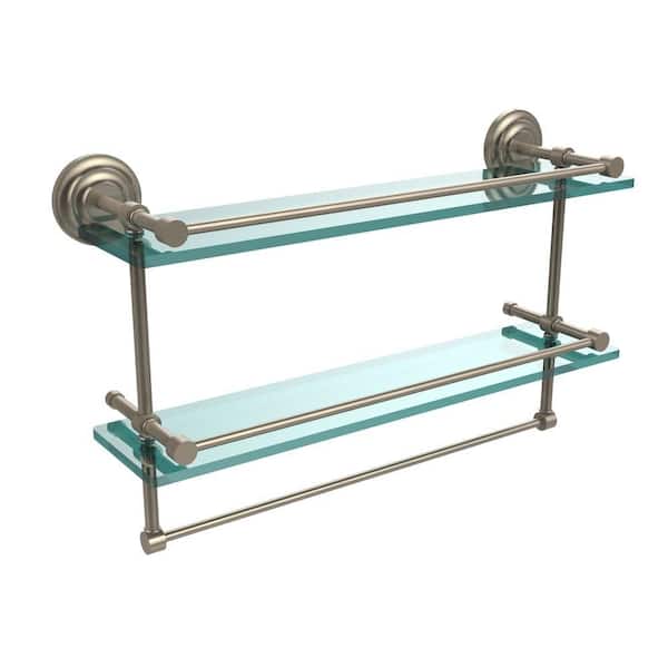 Allied Brass 22 in. L x 12 in. H x 5 in. W 2-Tier Gallery Clear Glass Bathroom Shelf with Towel Bar in Antique Pewter