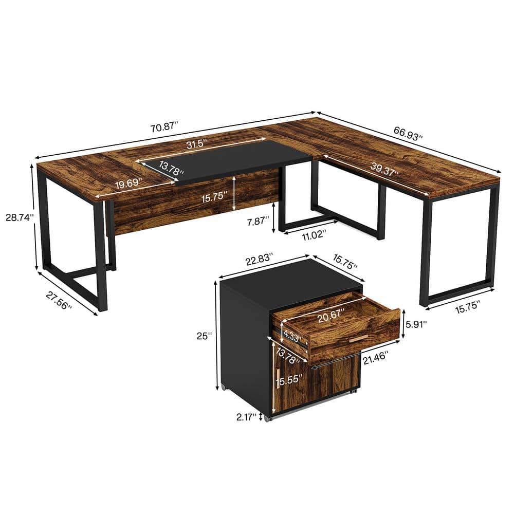 71'' Rustic Brown and Black L-Shaped Desk with Mobile File Cabinet