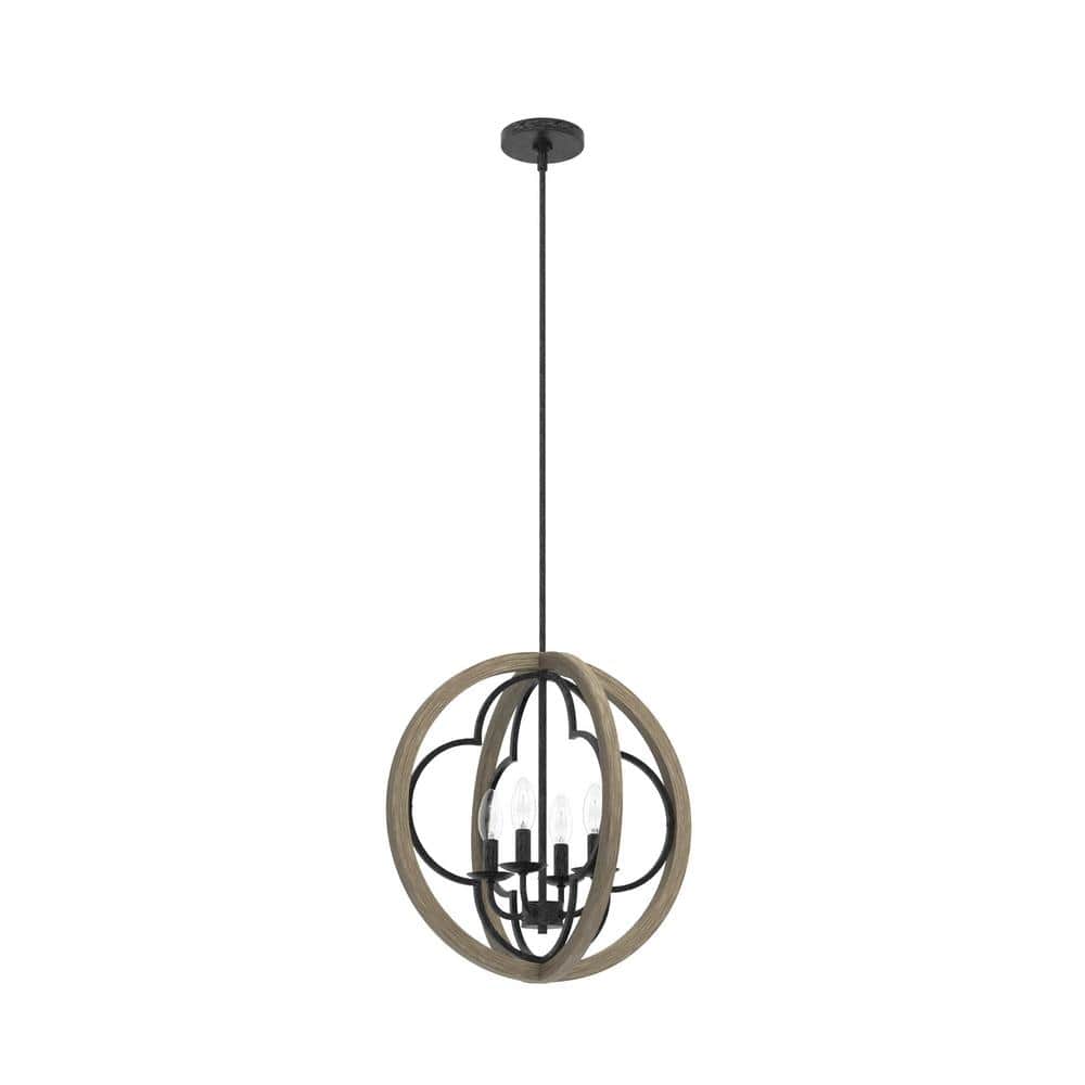 French Oak Transitional Globe Pendant Light with Quatrefoil Design