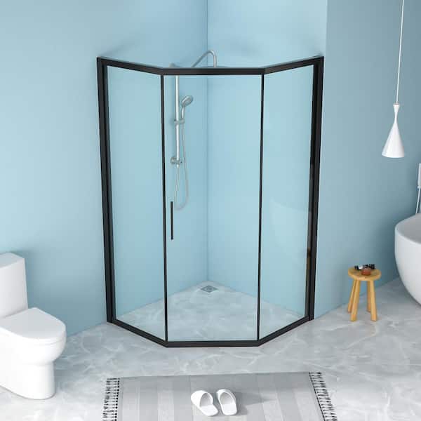 42 in. W x 76 in. H Neo Angle Pivot Framed Corner Shower Enclosure in Matte Black Finish with Clear Tempered Glass