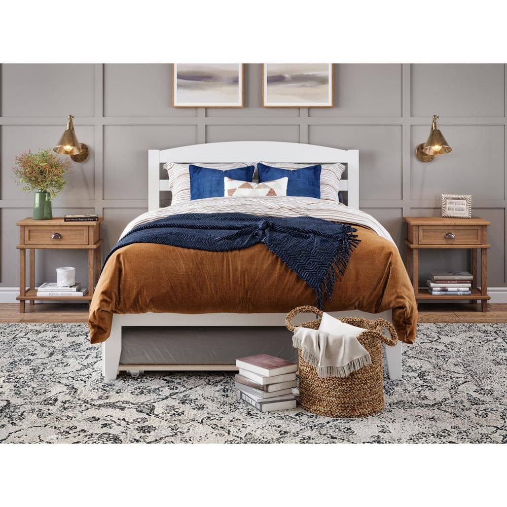 White Full Platform Bed with Trundle and Wood Headboard