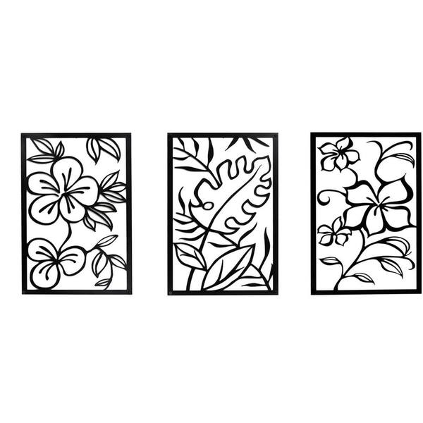 Avex 3-piece 15.7 in. x 11.8 in. Black Floral Hollow Out Abstract Design Wall Architectural Decor Set