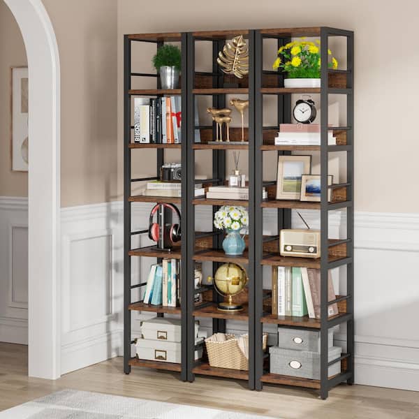 Frailey 75 in. Tall Brown Wood 6-Shelf Etagere Bookcase with Metal Frame, Corner Shelf Bookshelf for Small Space