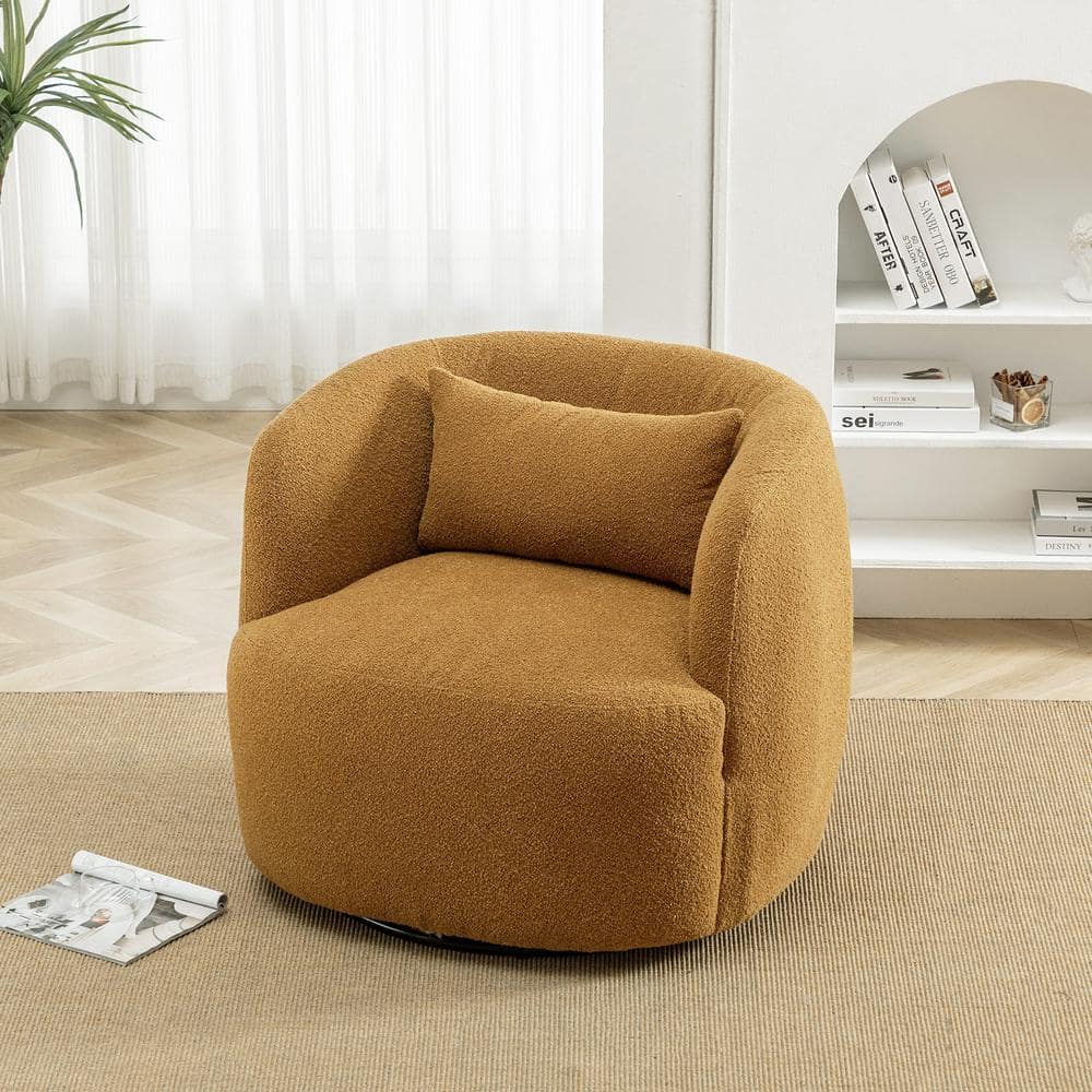 Brown Boucle Swivel Barrel Accent Chair with Pillow