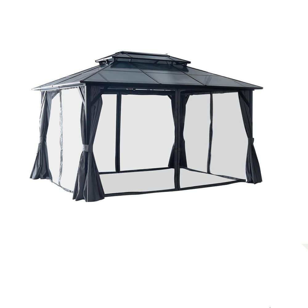 10 ft. x 13 ft. Outdoor Hardtop Gazebo Double Roof Canopy with Netting and 
