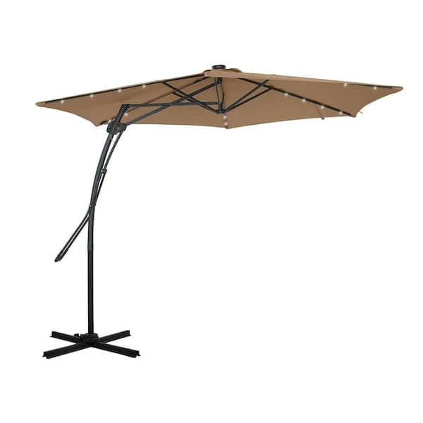 Clihome 10 ft. LED Cantilever Patio Umbrella in Tawny with 360° Rotation, Pull Handle, 6-Rib Frame, UV and Water-Resistant