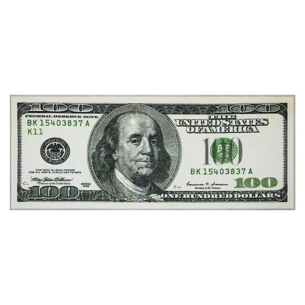 Ottomanson 100 Dollar Bill Collection Non-Slip Rubberback Money 31x79 Money Rug, 2 ft. 7 in. x 6 ft. 7 in., Green/Multicolor