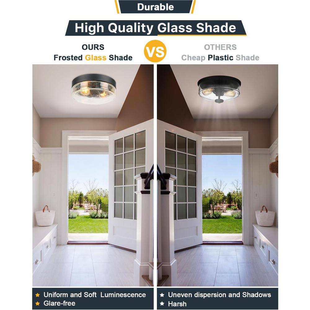 Matte Black 2-Light Flush Mount Ceiling Fixture with Seeded Glass Shade