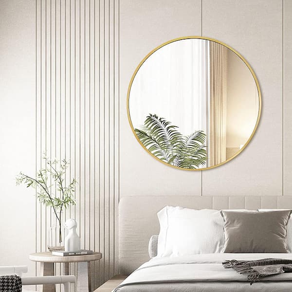 Barnyard Designs 30 inch Gold Round Mirror, Bathroom Vanity Wall Mirrors,  Circle Mirror for Desk, Metal Framed Bedroom Mirror