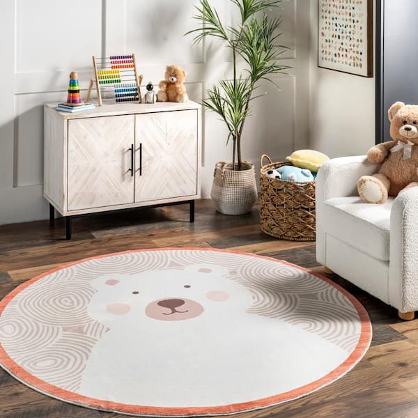 Lenny Polal Bear Ivory 4 ft. x 4 ft. Machine Washable Area Rug Accent Rug