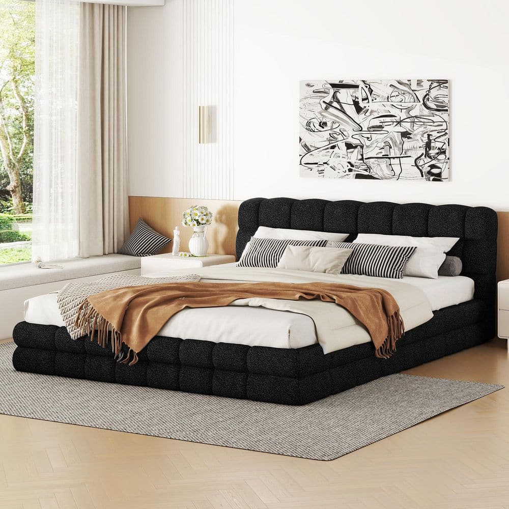 Alarice Black Wood Frame Queen Size Platform Bed with Berber Fleece Fabric Upholstered Headboard price history on PriceWatchPro