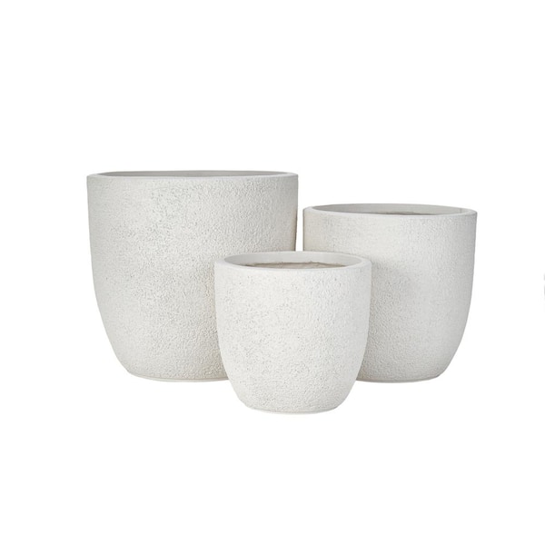 Outdoor White Round Concrete Stackable Planter with Drainage Holes and Rubber Plug for Garden( Set of 3)