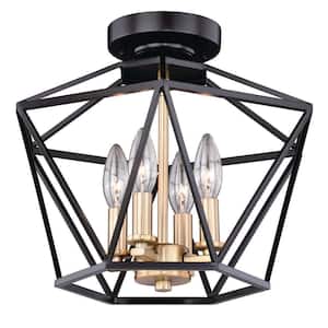 Turin 14.5 in. W Bronze Gold Geometric Cage Candle Semi Flush Mount Ceiling Light
