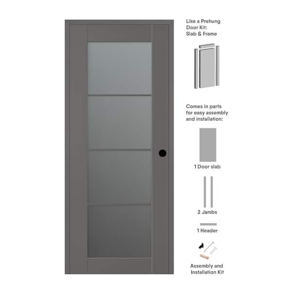 Belldinni Vona 30 in. x 80 in. Left-Hand 4-Lite Frosted Glass Gray Matte Composite DIY-Friendly Single Prehung Interior Door