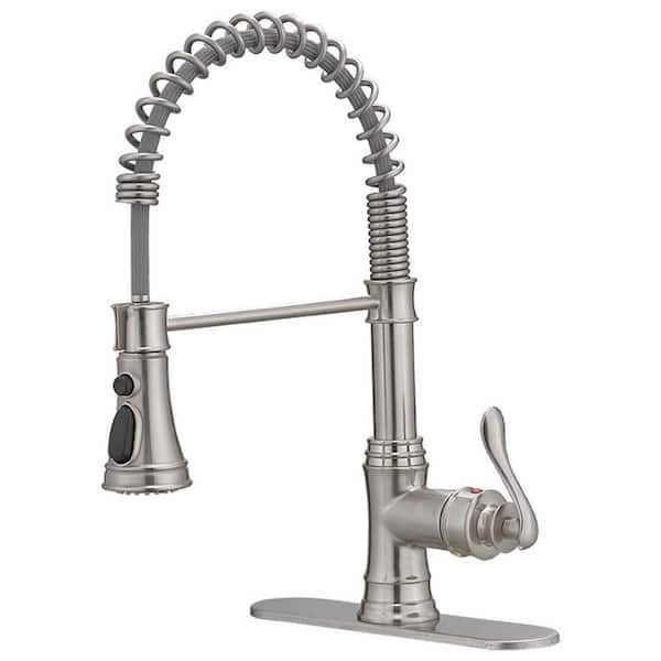 Commercial Spring Single Handle Pull-Down Sprayer Kitchen Faucet with Shield Spray and Deck Plate in Brushed Nickel