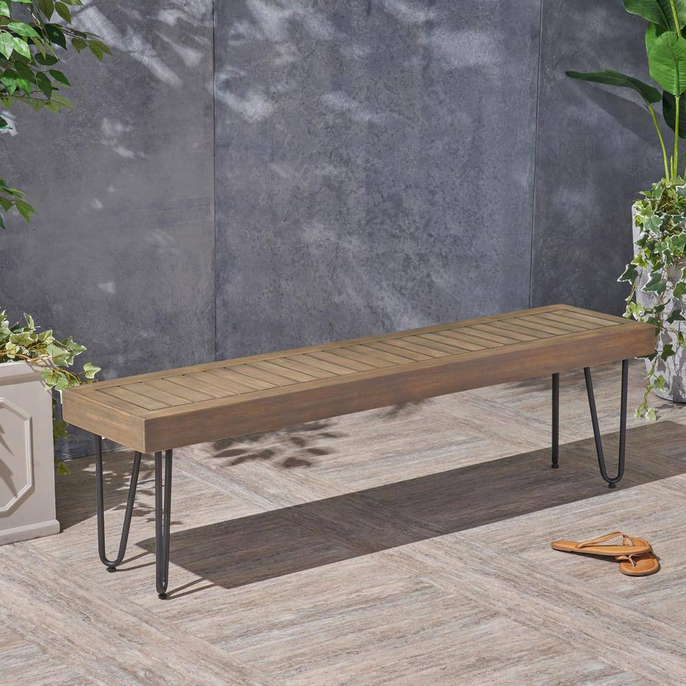 Gray Acacia Wood and Metal Outdoor Bench with Hairpin Legs
