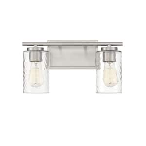 15 in. W x 8.26 in. H 2-Light Brushed Nickel Bathroom Vanity Light with Clear Cylinder Glass Shades